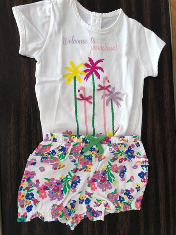 CAMISETA BLANCA TROPICAL CON SHORT. TALLA 3 MESES.